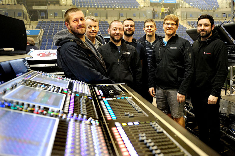 Adlib Touring Crew with Adlib Director Dave Jones & Managing Director Andy Dockerty. L – R . Richard Nicholson , Andy Dockerty (MD) , Marc Peers , Michael Flaherty , Dave Jones (Director) , Tony Szabo KSE , Simon Lawson. (c) Shirlaine Forrest
