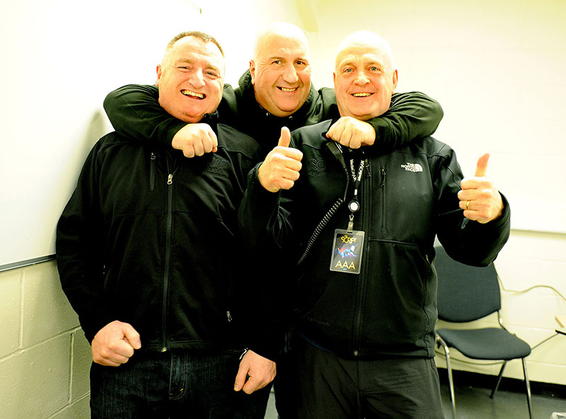 Bob O’Brien (Production Manager) , Mark Dawson (Tour Security) , Quinner (Tour Manager) (c) Shirlaine Forrest
