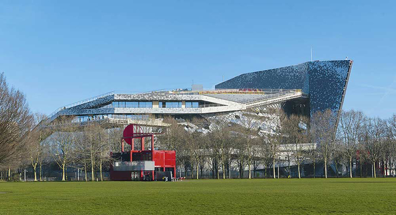 Exterior of the Jean Nouvel designed Philharmonie de Paris features Amadeus speakers throughout the complex (c) William-Beaucardet 2015