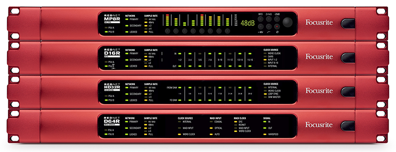 Focusrite’s new RedNet products, including MP8R 8-Channel Remote-Controlled Mic Pre and D16R AES Interface (now shipping); HD32R HD Bridge for Pro Tools and D64R MADI Bridge (shipping shortly).