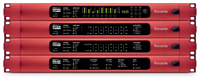 Focusrite’s new RedNet products, including MP8R 8-Channel Remote-Controlled Mic Pre and D16R AES Interface (now shipping); HD32R HD Bridge for Pro Tools and D64R MADI Bridge (shipping shortly).