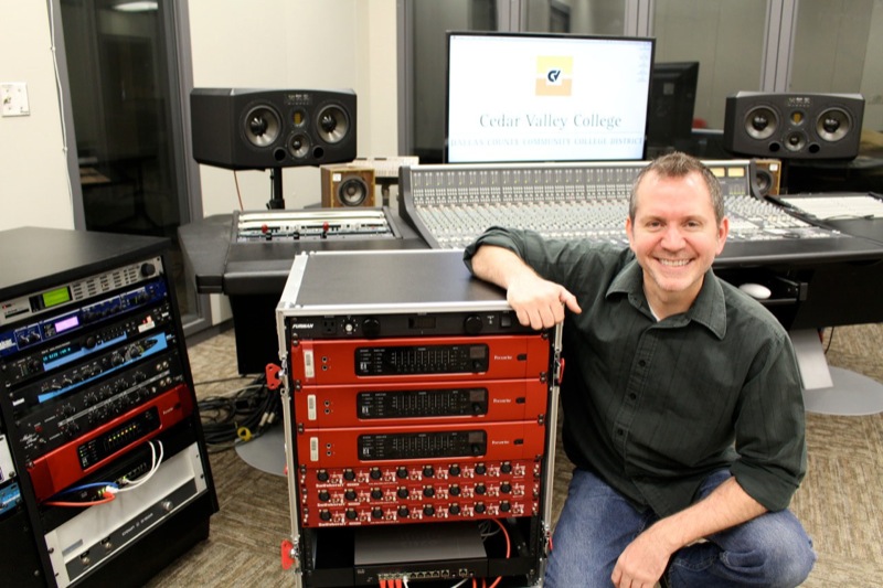 Steve Browne, Professor of Recording Technology at Cedar Valley College, pictured with the college’s arsenal of Focusrite RedNet tools. Photo courtesy of Steve Browne/Cedar Valley College. © 2015