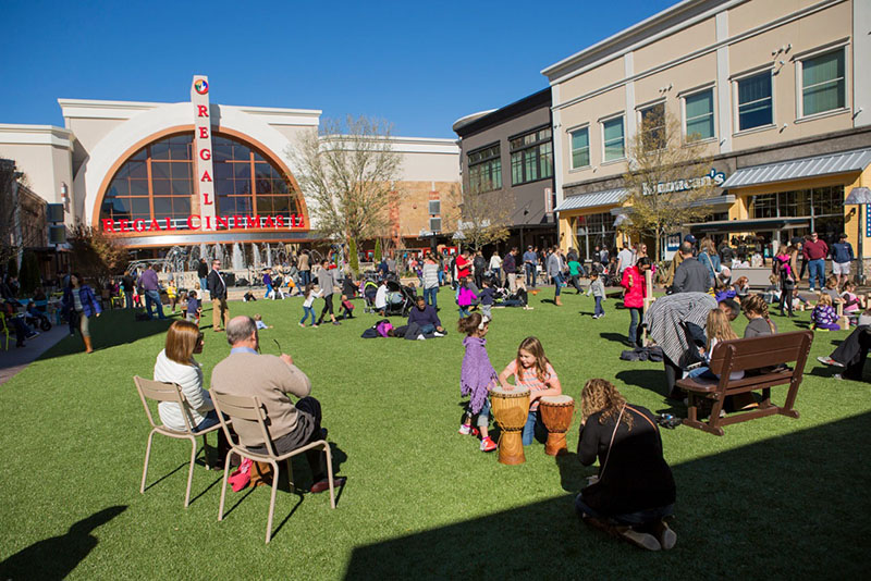 The multi-purpose Plaza at the Avalon mixed-use community in Alpharetta, Georgia, featuring audio components sourced through Guitar Center Professional. Photo courtesy of North American Properties (NAP). © 2015.