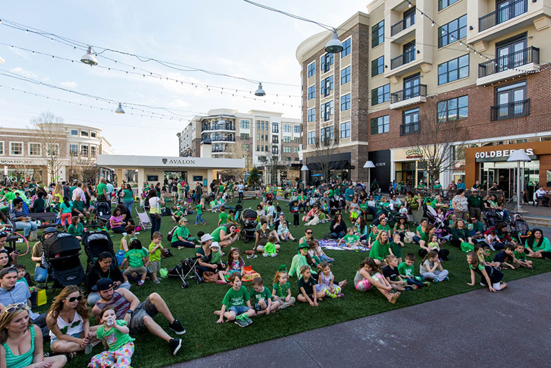 The multi-purpose Plaza at the Avalon mixed-use community in Alpharetta, Georgia, featuring audio components sourced through Guitar Center Professional. Photo courtesy of North American Properties (NAP). © 2015.