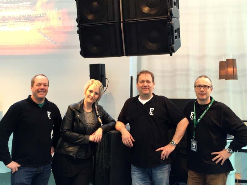 Alcons team at ProLight + Sound. Pictured here under the LR28 line array are, from left, Maurice Laarhoven, Danielle Schouten, Carsten Albrecht and Tom Back.