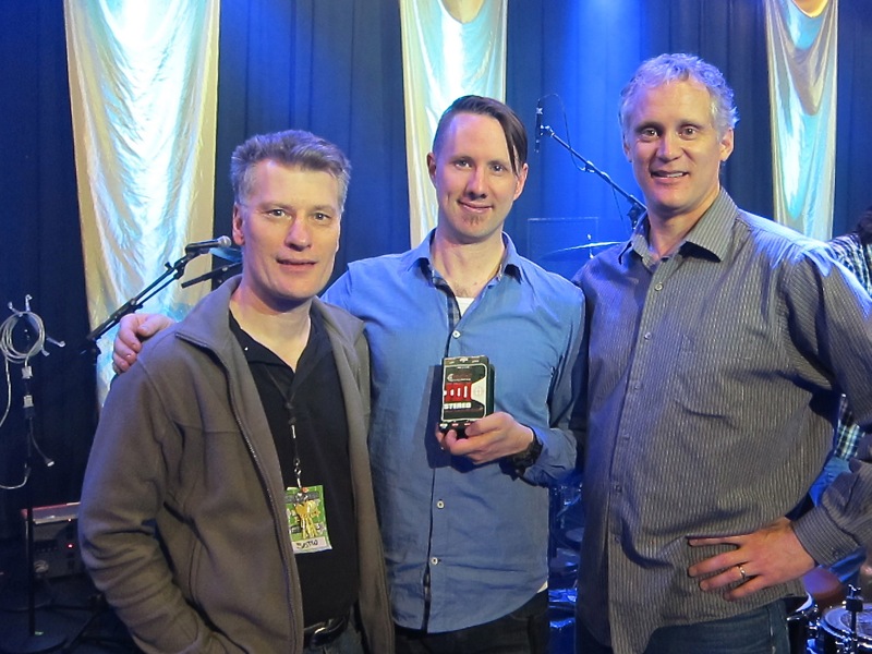First off-the-line JDI Stereo direct box delivered to the team at the Commodore Ballroom in Vancouver, BC. (pictured l-r: Paul Way (Commodore FOH Audio), Chris Hibbins (Spirit of the West FOH Audio and Tour Manager), Byron Lonneberg (Commodore Technical Director).