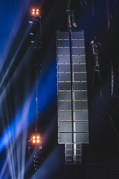 The main P.A. has two hangs of 12 L-Acoustics K-1 boxes with KARA downfills. Photo by Sara Bill