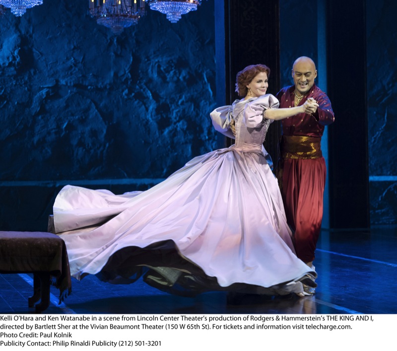 Kelli O'Hara and Ken Watanabe in a scene from Lincoln Center Theater's production of Rodgers & Hammerstein's The King and I, directed by Bartlett Sher at the Vivian Beaumont Theater (c) Paul Kolnik