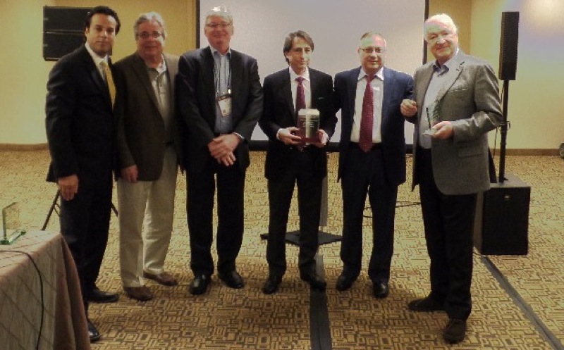 (L-R) Tarik Solangi, RCF USA National Sales Manager; Jerry Sehi, Quest Marketing/Mr. dB Technologies; Jim Greene, Quest Marketing sales representative; John Saviano, Quest Marketing principal; Roni Nevo, President RCF USA; Arturo Vicari, CEO RCF Group)