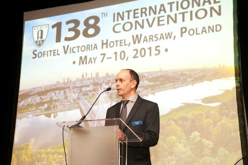 AES President Andres Mayo addresses the audience at the Opening Ceremonies of the 138th AES International Convention in Warsaw, Poland.