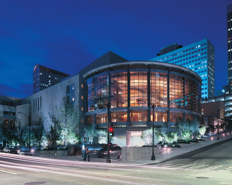 An external shot of Seattle's 3000-seater Benaroya Hall, home to the Seattle Symphony and a city landmark.
