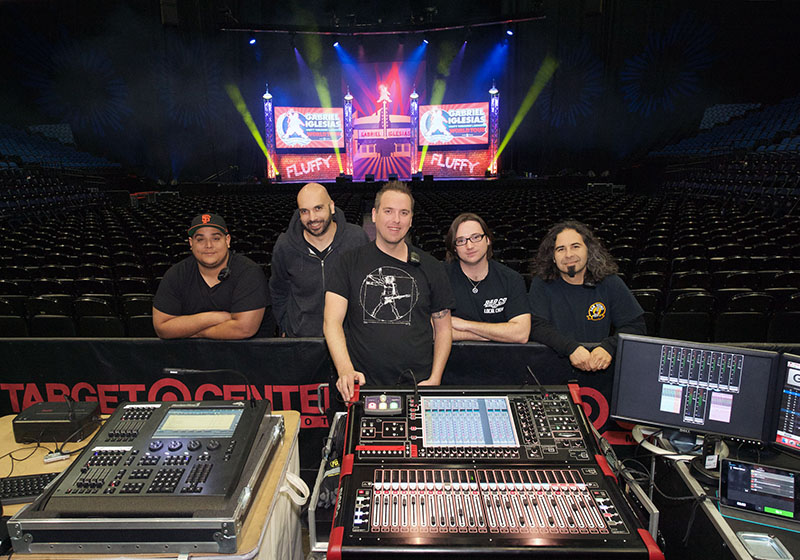 Gabriel Iglesias’ production crew at Icon Concerts’ new DiGiCo SD9 digital mixing console: Left to right: Jorge Flores (audio systems tech, R&R sound); Ryan Cornelius (tour manager); Geoff Hidden (FOH engineer/production manager); Alex Cook (L2, Sacramento Production Services); and Patricio Codoceo (audio systems tech, R&R Sound)