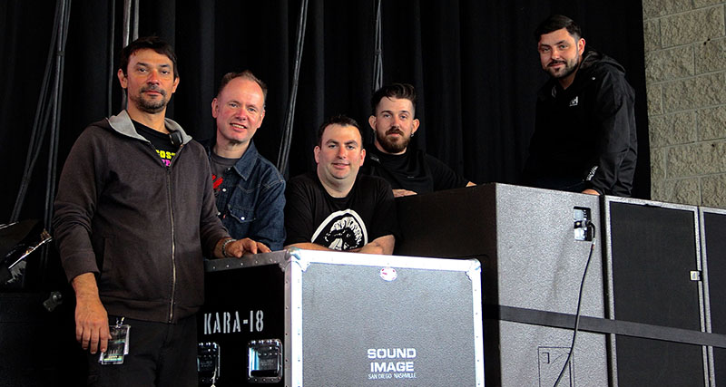 Lana Del Rey’s Endless Summer audio crew (left to right): Tarik Khan, Sound Image PA tech; Max Bisgrove, Lana Del Rey FOH engineer; Bill Price, Sound Image system tech; Kyle Turk, Sound Image monitor tech; and Simon Lawson, Lana Del Rey monitor engineer