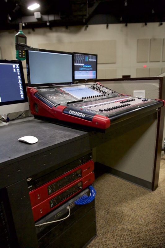 The front-of-house audio setup at Beltway Park Baptist Church in Abilene, Texas, featuring a DiGiCo SD9 console and Focusrite RedNet interfaces. Photo courtesy of Jacob Moore. © 2015.