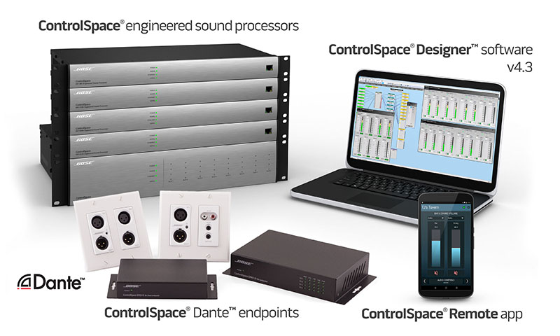 A selection of Bose Professional system components from its ControlSpace ecosystem.