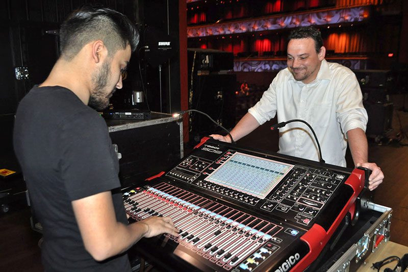 Tobin Center’s Erik Montoya (left) and Sean Jenkins at the DiGiCo SD9T desk