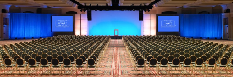 One of the meeting rooms shown prior to an event at San Diego’s Hyatt Grand Manchester (c) Hyatt Corporation