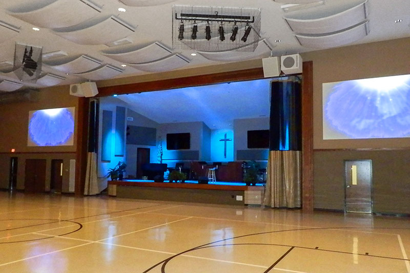 University Christian Church multipurpose space with the new WorxAudio loudspeakers installed.