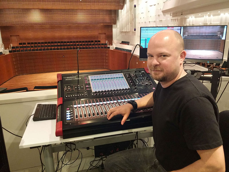 Ordway Center Assistant Sound Engineer Collin Sherraden at the Concert Hall’s new DiGiCo SD9 FOH desk