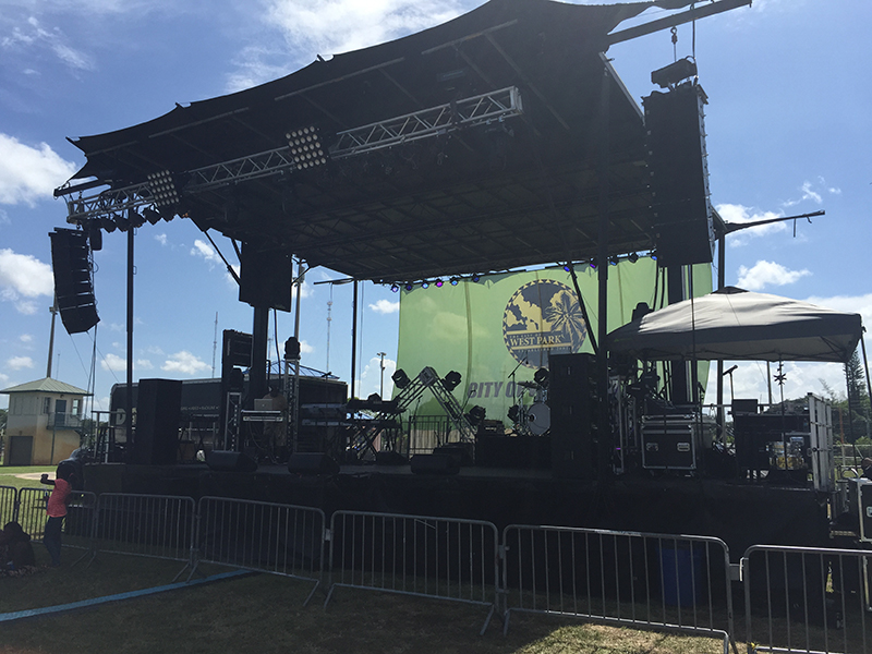The system included 7 Martin Audio W8LM and 1 W8LMD enclosures per side with 8 ground-stacked WS218X subs.
