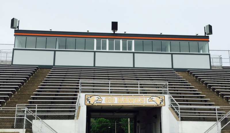 The new press box at Winona Senior High features three One Systems direct weather Cross Field Array-2 loudspeakers to cover the seating area, playing field and track.