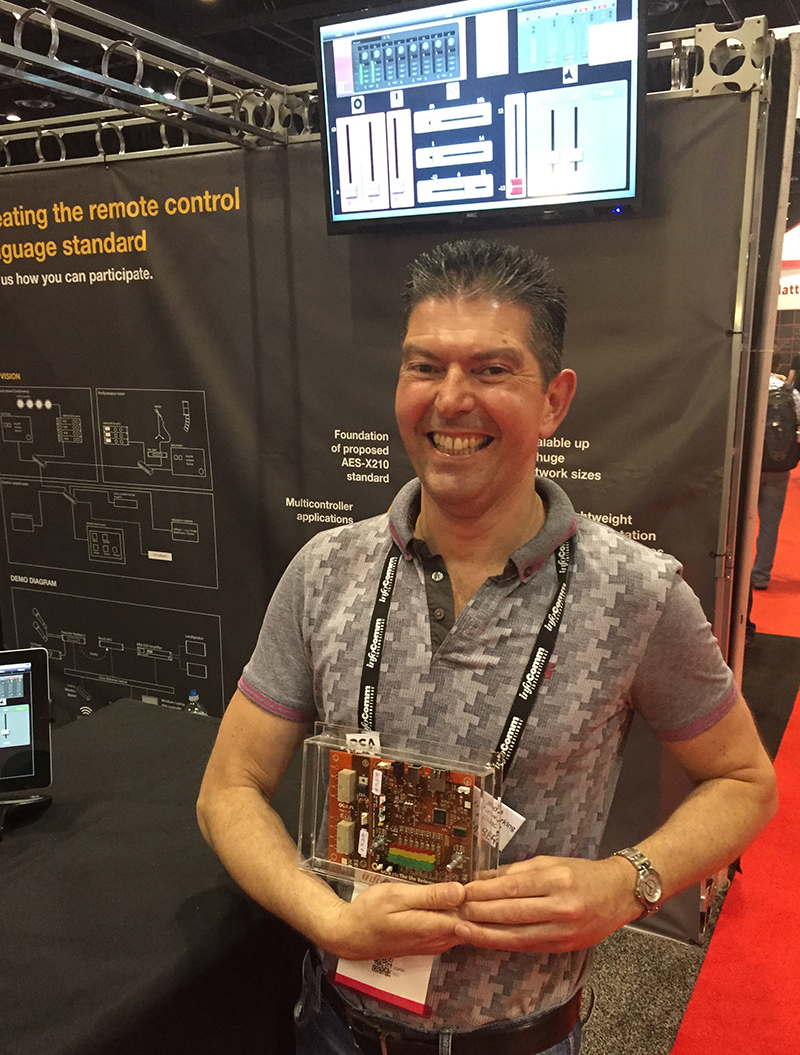 Simon Jones, Research and Development Manager at Focusrite Audio Engineering, with OCA micro demonstration circuit board
