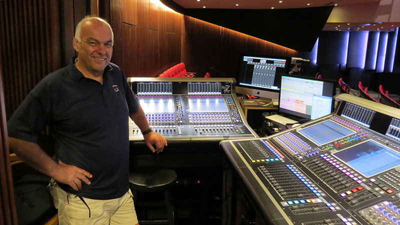 Confederation Centre Head of Audio Kevin MacLean at Homburg Theatre’s DiGiCo mixing consoles