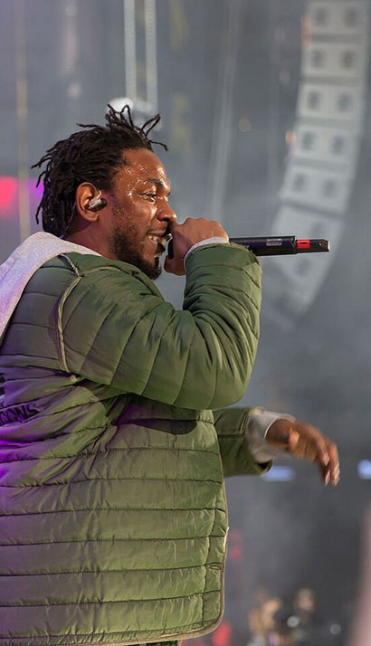 Kenrick Lamar gets the crowd on their feet reinforced by Adamson E-Series and S-Series loudspeakers provided by Eighth Day Sound. 