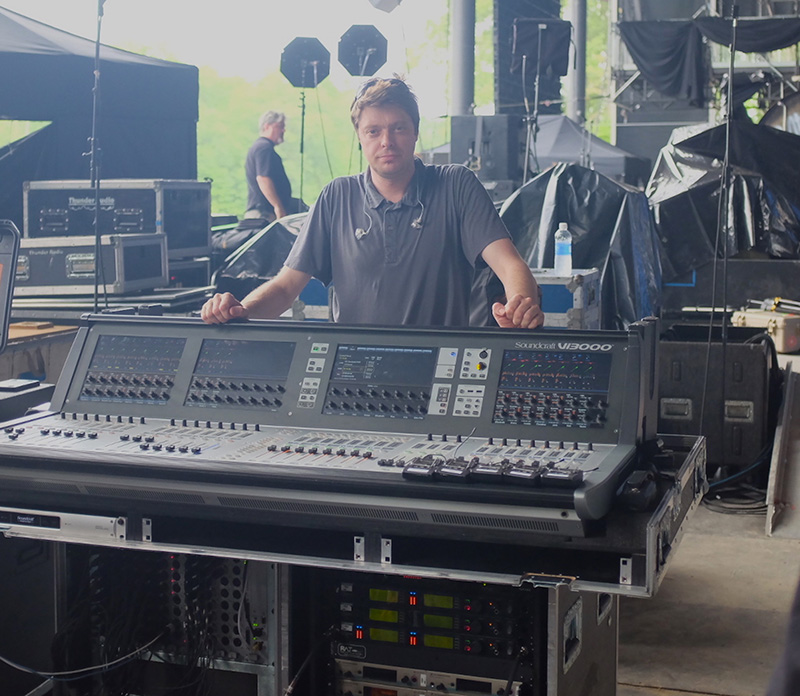 Paul Hatt, monitor engineer for Clean Bandit, with Soundcraft Vi3000 digital live sound console.