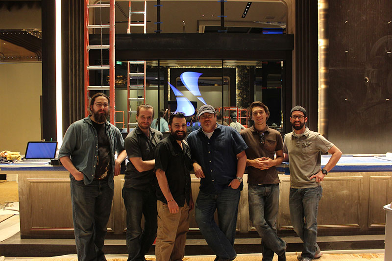 The new Vista Lounge at Caesars Palace combines new video elements with an advanced Martin Audio sound system. Crew members working on the project are pictured here. From left, they include Andy Kulhavy, David Cromer, Wayne Olson, Curtis Kelly, Jordan Catillaz and Coty Shipe.