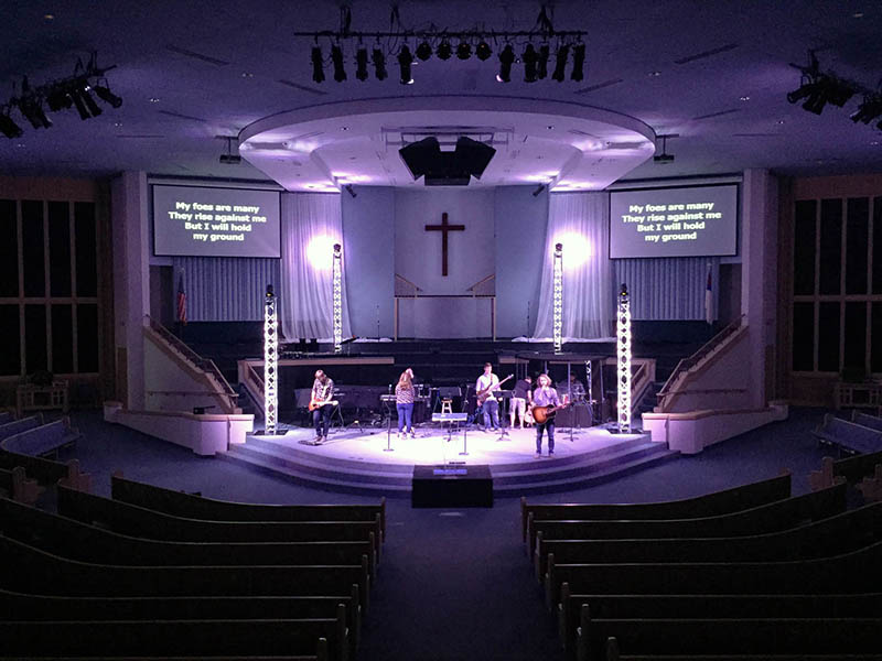 McClelland Sound helped First Baptist Church upgrade its audio system to support both classic and contemporary worship service formats within the church’s 1,500-plus seat sanctuary, which has a broad fan shape. McClelland Sound provided four Danley SH-60 full-range boxes in a tight-pack cluster above the front of the stage with a Danley TH-412 subwoofer behind it.