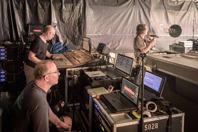 Roz Jones (foreground), Sound Image system engineer; Danny Poland (at console), FOH engineer for Randy Houser; and Marko Hunt (right), FOH engineer for The Oak Ridge Boys, at the festival’s house mix position. Photo by Vic Wagner
