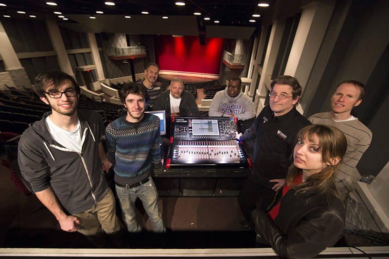 Golder O’Neill (third from left) with students and staff of Shenandoah University at the new DiGiCo SD9 in Ohrstrom-Bryant Theatre