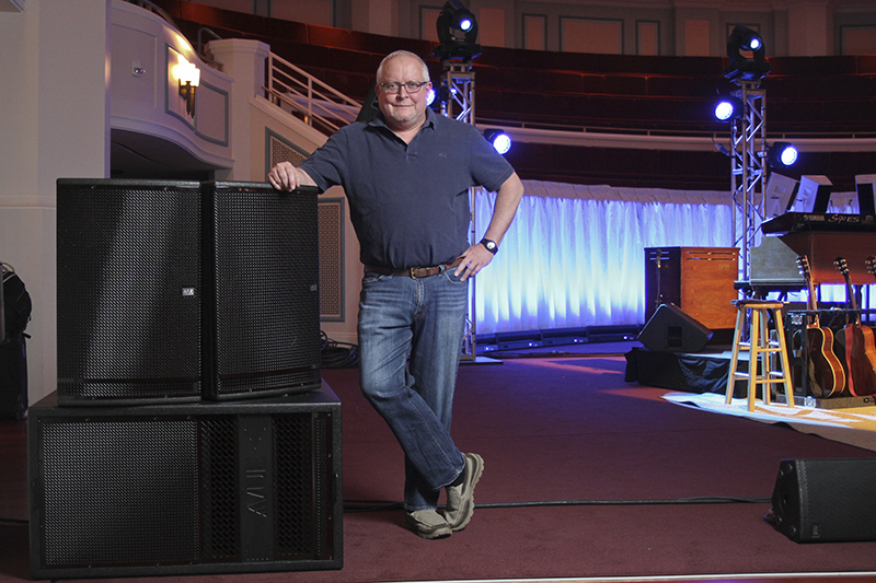 Hugh Johnson & a hs-28 subwoofer and h-15W (wide-dispersion) and h-15N (narrow), an a-8 is far right