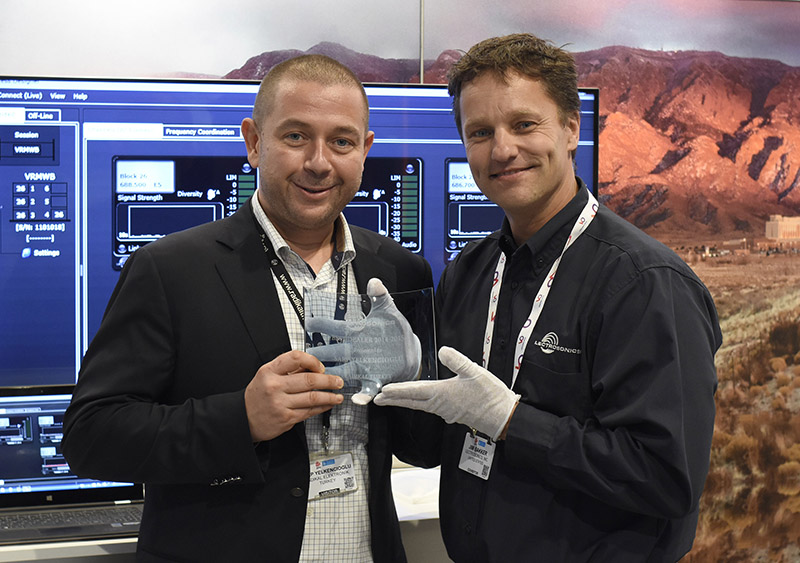 The 2015 EMEA Market Development award was given to Radikal Electronics in Turkey. Pictured here, from left, are Sarp Yelkencioglu from Radikal Electronics and Jim Bakker from Lectrosonics.