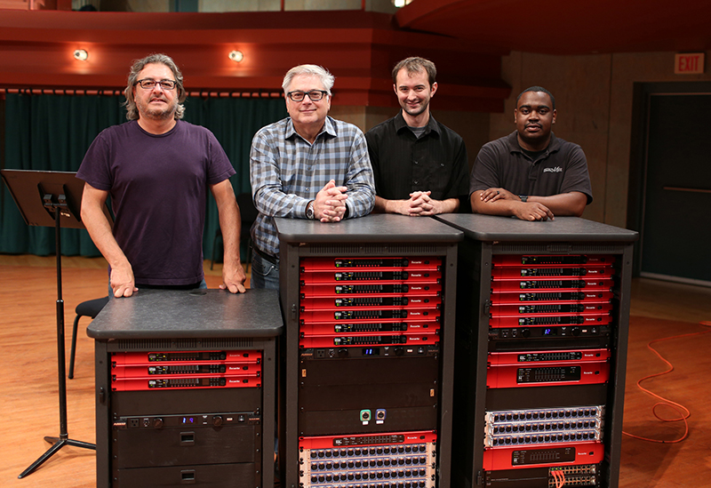 Pictured L-R: Ted White (RedNet Senior Technical Sales), Kurt Howell (RedNet National Accounts Manager), Blair Liikala (Director, Recording Services, UNT College of Music) and Derek Miller (Audio Technical Director, UNT College of Music), pictured in the Murchison Performing Arts Center with a portion of the University of North Texas College of Music’s arsenal of Focusrite RedNet devices.