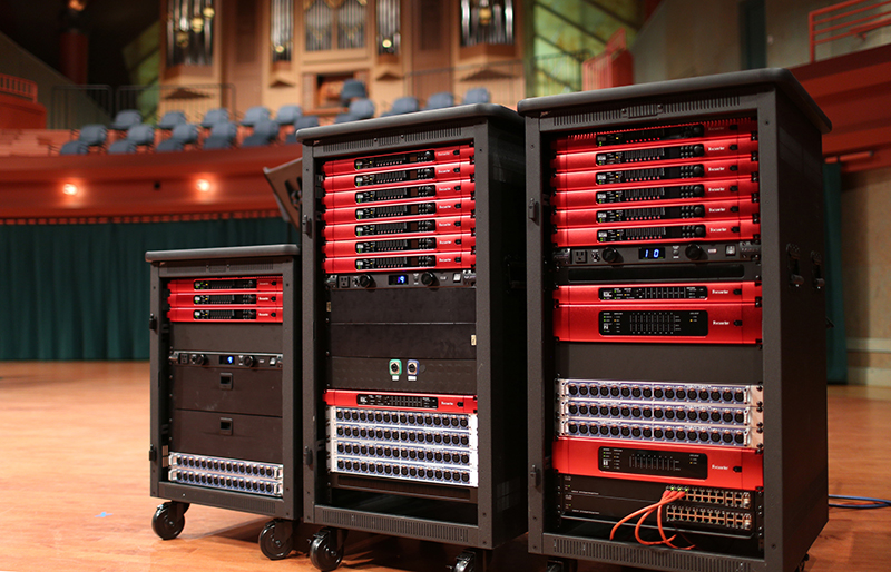 A portion of the University of North Texas College of Music’s arsenal of Focusrite RedNet devices, pictured in the Murchison Performing Arts Center, one of their main performance spaces.