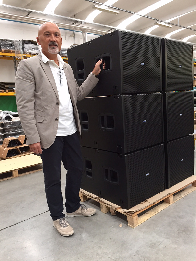Roberto Mataloni, FBT export manager, with the audio gear that was developed to address the needs at Steamboat Rock Baptist Church in Iowa.
