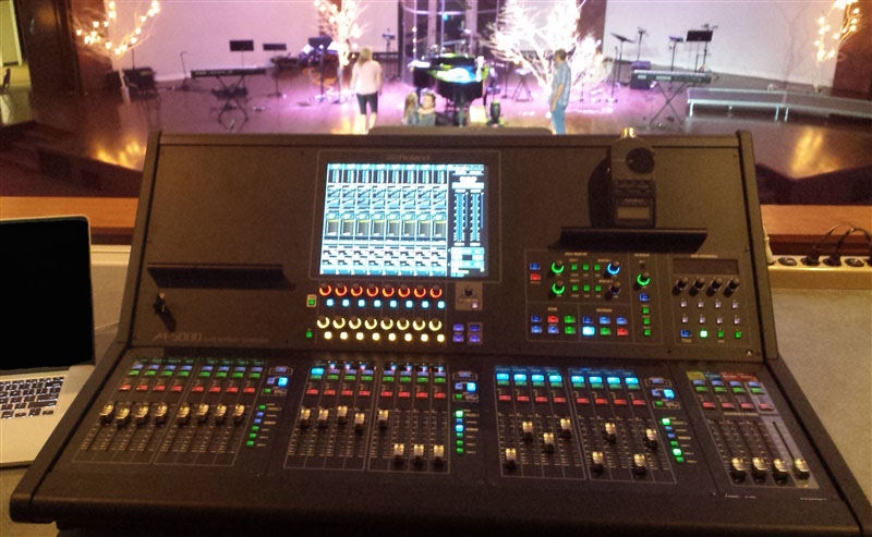The view from the front-of-house position at Rose Heights Church in Tyler, Texas, featuring a Roland M-5000 OHRCA Live Mixing Console.