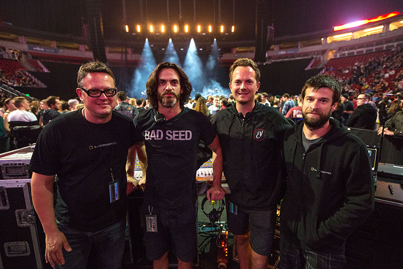 alt-J’s North American tour crew: (L-R) FOH Engineer Lance Reynolds, Rat Sound Stage Tech Brett Heet, Rat Sound Systems Engineer Tom Worley and Monitor Engineer Ron Sharpless