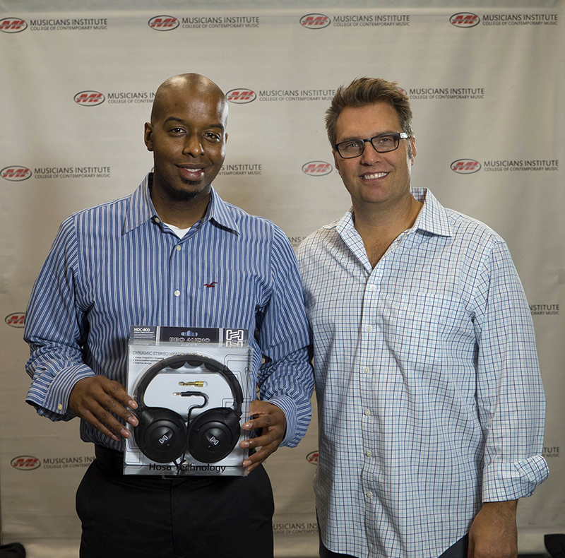Hosa Technology awarded its 2015 Audio Engineering Program Scholarship to Clifton Harris. Harris is pictured here, left, with Jonathan Newkirk, Audio Engineering Program Chair at Musicians Institute.