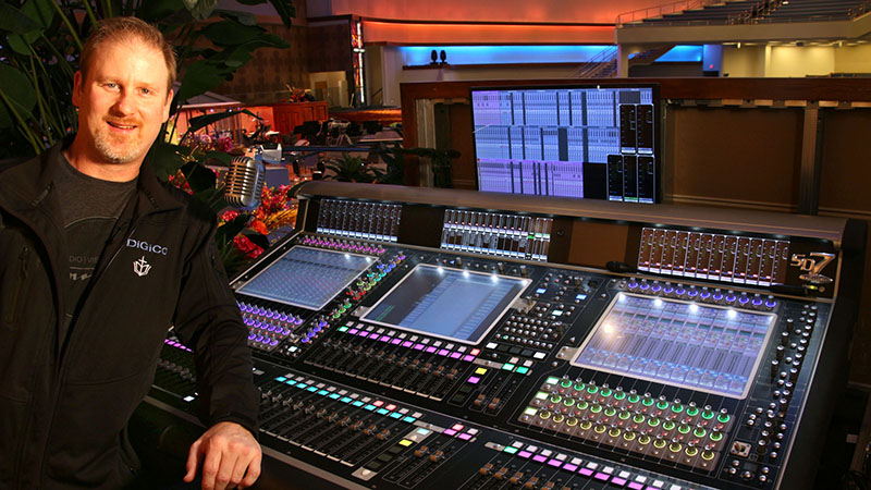Brad Roberts, First Baptist’s lead audio engineer, with the new DiGiCo SD7 console at the church’s monitor mix position