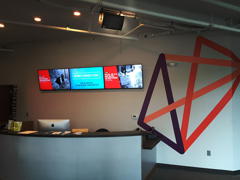 The lobby area at the 3S Artspace features VUE i-Class i-8 speakers 