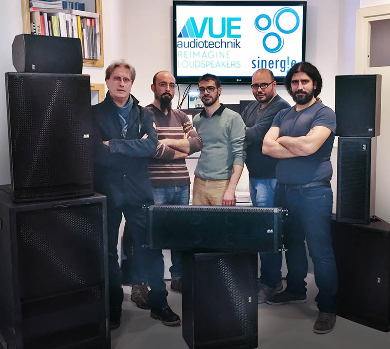 VUE Audiotechnik named Sinergie Group S.r.l. as their official distributor for Italy. Sinergie Group will maintain a complete range of VUE products inventory including smaller a-Class and i-Class systems along with the h-Class Premium Powered Systems and al-Class Scalable Line Array Systems. Pictured here, from left, are Sinergie’s Dino Pizzuto, Gabriele Giambertone, Livio Spallino, Alex Collazzo and Pier Domino.
