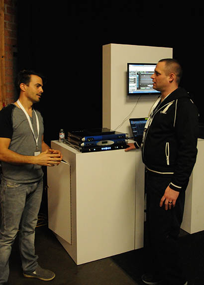 Powersoft's Jon Garner demonstrating Armonia software to an attendee of Xperience The Power roadshow event in Los Angeles on November 18th