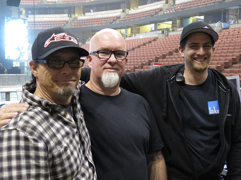 Pictured L-R: Bryan Worthan, FOH engineer for the Foo Fighters; Jason Alt, Delicate Productions President; and Phil Reynolds, System Technician for the Foo Fighters.
