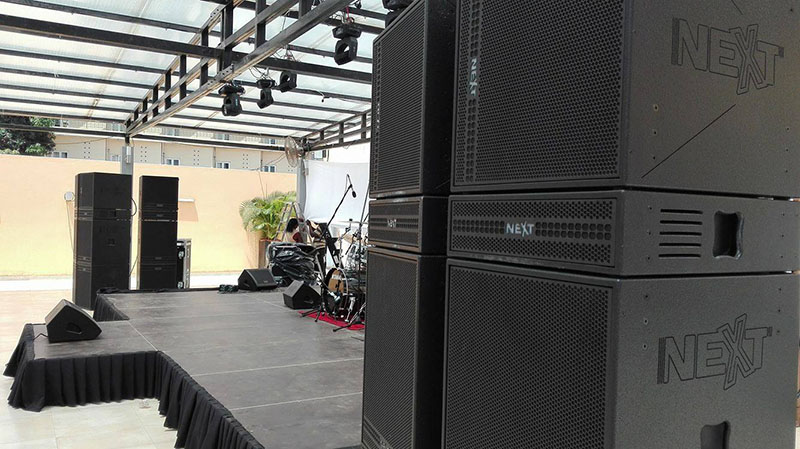 Patio Luanda’s new NEXT-proaudio system starts with eight PXH64 speakers and 16 PXL118 18-inch subs powered by eight PXA8000/PX Power Rack amps.