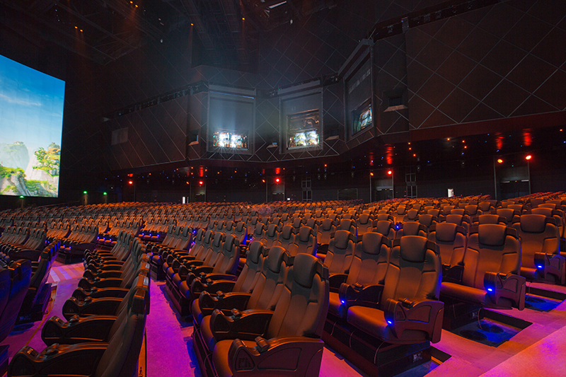 Use of the new AVB audio networking standard greatly simplified installation, while affording greater flexibility in developing the audio effects. AVB carries eight channels of audio to each seat in the theatre to use for localized effects and multiple language translations, in addition to connecting all elements of the main MICA line array loudspeaker system.