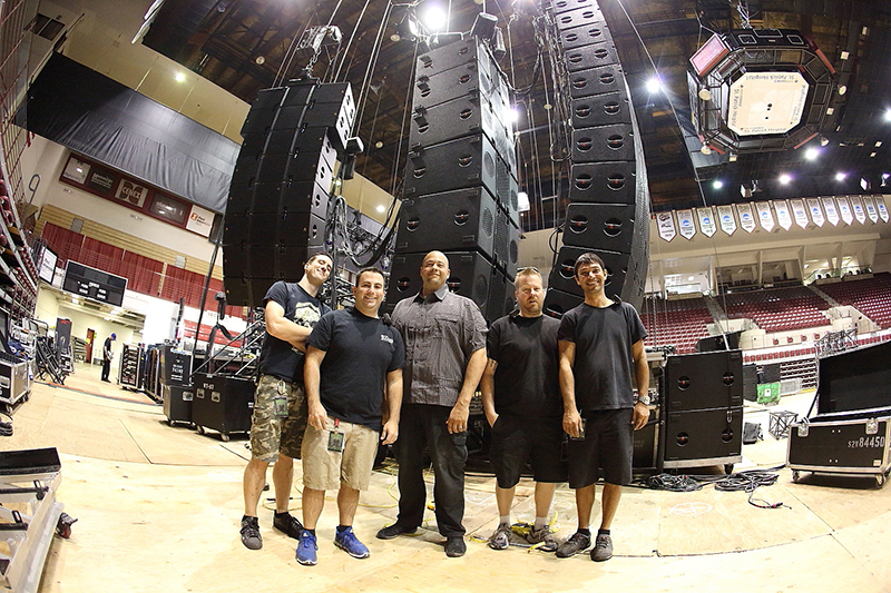 Pictured here, from left, are Tony Silipigno, audio tech; Bill Price, systems tech; Bruce Reiter, FOH engineer; Paul Weber, monitors and Tarik Kahn, audio tech. Photo by Harry Reese.