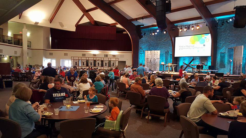 Ginghamsburg Church in Tipp City, Ohio, featuring Bose RoomMatch loudspeakers, powered by Bose PowerMatch amplifiers, as a centerpiece of its newly installed AV system. Photo courtesy of Ginghamsburg Church